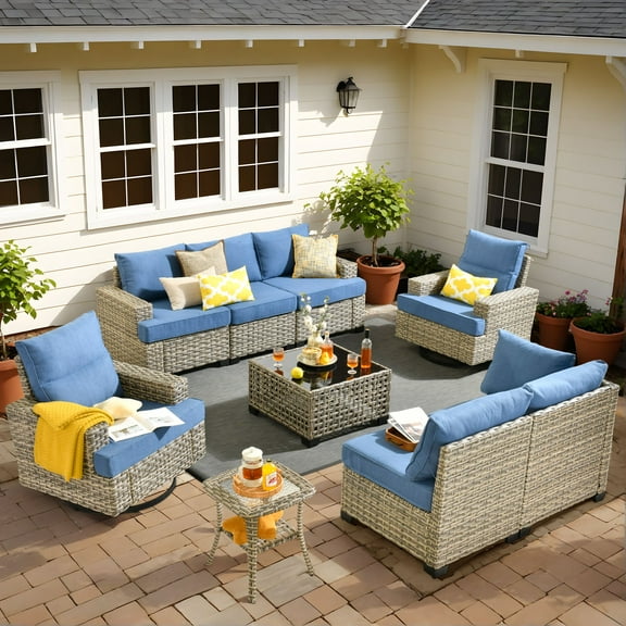 Vcatnet 9 Pieces Outdoor Patio Furniture Sectional Sofa All Weather Wicker Conversation Set with Swivel Glider Chairs and Solar Powered Coffee Table for Porch,Backyard,Diamond Blue