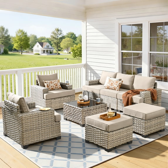 Vcatnet 8 Pieces Patio Furniture Sets PE Wicker Sectional Sofa Rattan Outdoor Conversation Set with Solar Powered Coffee Table for Porch, Backyard, Beige