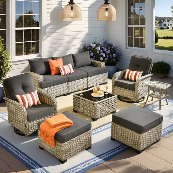 Vcatnet 9 Pieces Outdoor Patio Furniture Sectional Sofa All Weather Wicker Conversation Set with Swivel Rocking Chairs and Solar Powered Coffee Table Black