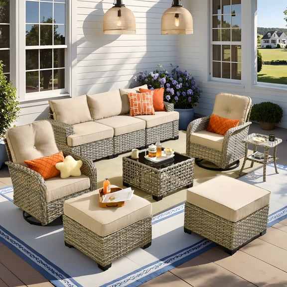 Vcatnet 9 Pieces Outdoor Patio Furniture Sectional Sofa All Weather Wicker Conversation Set with Swivel Rocking Chairs and Solar Powered Coffee Table Beige