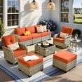thumbnail image 1 of Vcatnet 9 Pieces Outdoor Patio Furniture Sectional Sofa All Weather Wicker Conversation Set with Swivel Rocking Chairs and Solar Powered Coffee Table Orange Red, 1 of 10
