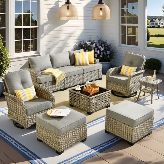 Vcatnet 9 Pieces Outdoor Patio Furniture Sectional Sofa All Weather Wicker Conversation Set with Swivel Rocking Chairs and Solar Powered Coffee Table Dark Gray