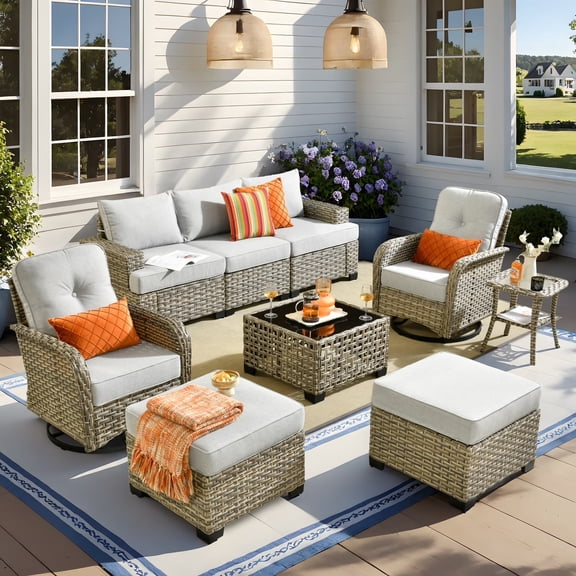 Vcatnet 9 Pieces Outdoor Patio Furniture Sectional Sofa All Weather Wicker Conversation Set with Swivel Rocking Chairs and Solar Powered Coffee Table Gray
