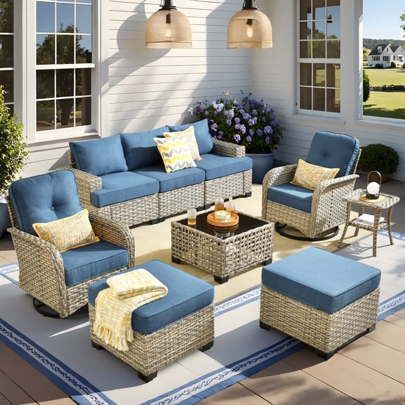 Vcatnet 9 Pieces Outdoor Patio Furniture Sectional Sofa All Weather Wicker Conversation Set with Swivel Rocking Chairs and Solar Powered Coffee Table Denim Blue