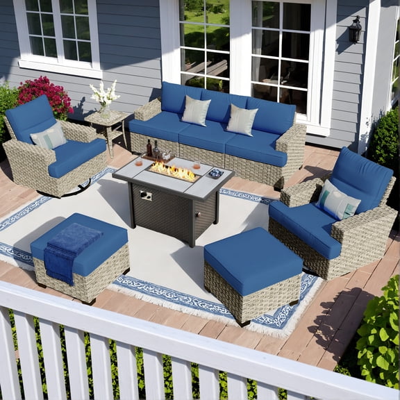Vcatnet 9 Pieces Patio Fire Pit Sets Outdoor Patio Sectional Sofa Furniture Wicker Conversation Set with Swivel Glider Chairs Navy Blue