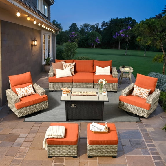 Vcatnet 9 Pieces Patio Fire Pit Sets Outdoor Patio Sectional Sofa Furniture Wicker Conversation Set with Swivel Glider Chairs Orange Red