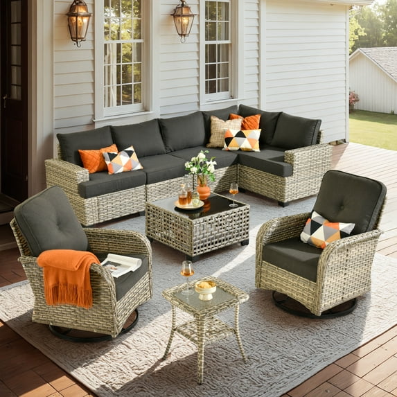 Vcatnet 9 Pieces Outdoor Patio Furniture, PE Wicker Sectional Sofa, Outdoor Conversation Set with Swivel Rockers and Solar Powered Coffee Table, Black