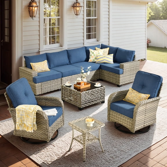 Vcatnet 9 Pieces Outdoor Patio Furniture, PE Wicker Sectional Sofa, Outdoor Conversation Set with Swivel Rockers and Solar Powered Coffee Table, Denim Blue