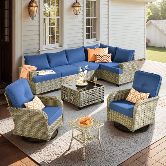 Vcatnet 9 Pieces Outdoor Patio Furniture, PE Wicker Sectional Sofa, Outdoor Conversation Set with Swivel Rockers and Solar Powered Coffee Table, Navy Blue