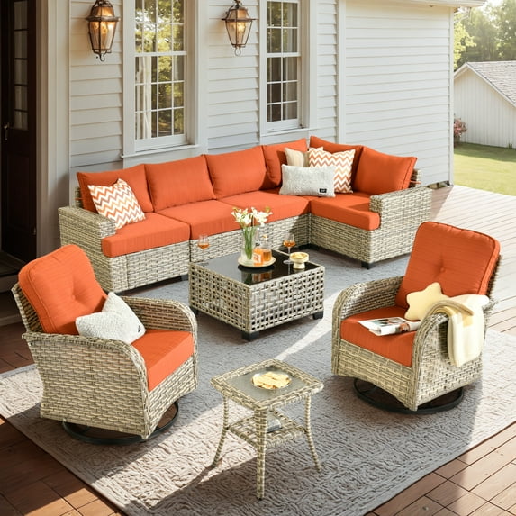 Vcatnet 9 Pieces Outdoor Patio Furniture, PE Wicker Sectional Sofa, Outdoor Conversation Set with Swivel Rockers and Solar Powered Coffee Table, Orange Red