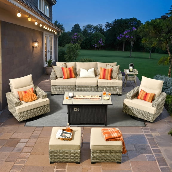 Vcatnet 9 Pieces Patio Fire Pit Sets Outdoor Patio Sectional Sofa Furniture Wicker Conversation Set with Swivel Glider Chairs Beige
