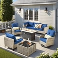 thumbnail image 1 of Vcatnet 9 Pieces Outdoor Patio Furniture Set Sectional Sofa with 42" Fire Pit Wicker Conversation Set with Swivel Rocking Chairs and Solar Powered Coffee Table for Porch,Backyard,Navy Blue, 1 of 9
