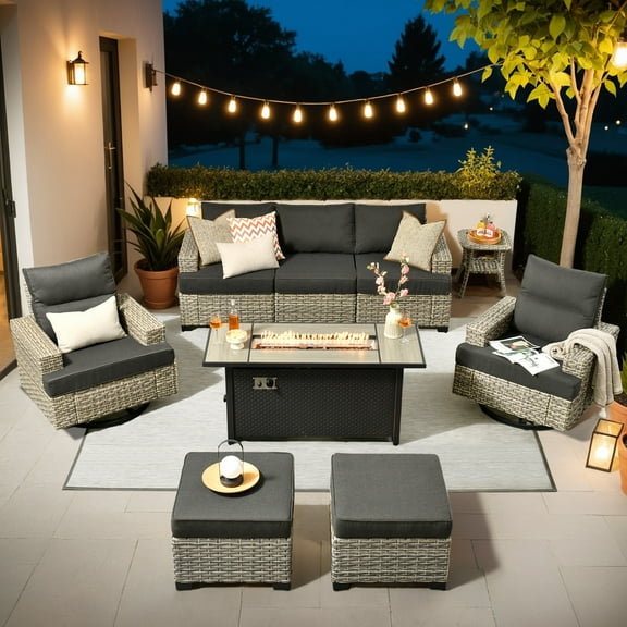 Vcatnet 9 Pieces Patio Fire Pit Sets, Outdoor Patio Sectional Sofa Furniture, Wicker Conversation Set with Swivel Glider Chairs and Ottoman, Black