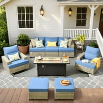 Vcatnet 9 Pieces Outdoor Patio Wicker Furniture with Swivel Rocking Chairs All Weather Sectional Sofa Patio Conversation Set with 54" Fire Pit Table for Porch, Deck, Diamond Blue