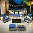 thumbnail image 1 of Vcatnet 9 Pieces Patio Fire Pit Sets, Outdoor Patio Sectional Sofa Furniture, Wicker Conversation Set with Swivel Glider Chairs and Ottoman, Navy Blue, 1 of 10
