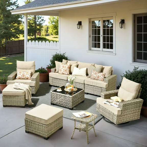Vcatnet 9 Pieces Outdoor Patio Wicker Furniture with Swivel Rocking Chairs All Weather Sectional Sofa Patio Conversation Set with Solar Powered Coffee Table, Beige