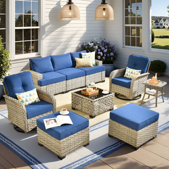 Vcatnet 9 Pieces Outdoor Patio Furniture Sectional Sofa All Weather Wicker Conversation Set with Swivel Rocking Chairs and Solar Powered Coffee Table Navy Blue
