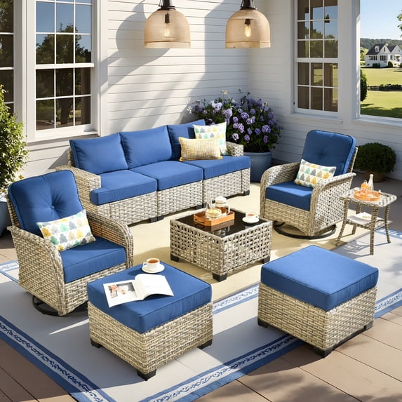 Vcatnet 9 Pieces Outdoor Patio Furniture Sectional Sofa All Weather Wicker Conversation Set with Swivel Rocking Chairs and Solar Powered Coffee Table Navy Blue