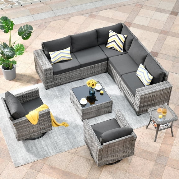 Vcatnet 9 Pieces Patio Furniture Outdoor Wicker Conversation Set with Swivel Rocking Chairs and Coffee Table,Black