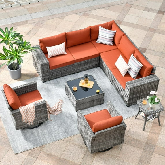 Vcatnet 9 Pieces Patio Furniture Outdoor Wicker Conversation Set with Swivel Rocking Chairs and Coffee Table,Orange Red