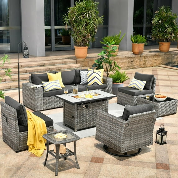 Vcatnet 9 Pieces Patio Furniture Outdoor Wicker Rattan Conversation Set with Swivel Rocking Chair and Fire Pit Table,Black