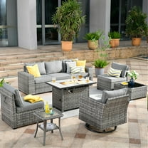 Vcatnet 9 Pieces Patio Furniture Outdoor Wicker Rattan Conversation Set with Swivel Rocking Chair and Fire Pit Table,Dark Gray