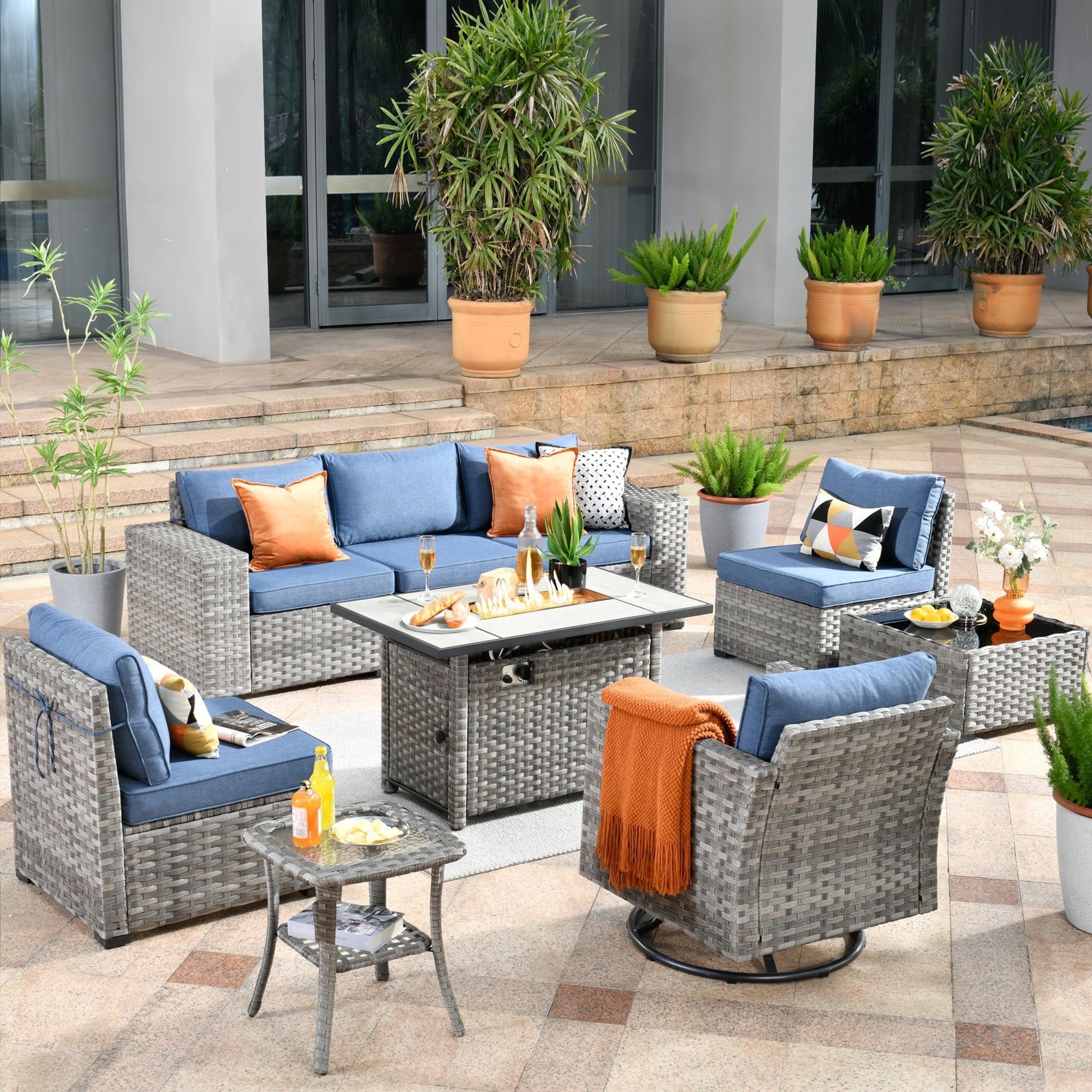 Vcatnet 9 Pieces Patio Furniture Outdoor Wicker Rattan Conversation Set with Swivel Rocking Chair and Fire Pit Table,Denim Blue - Walmart.com