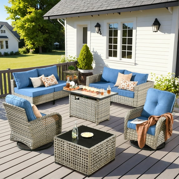 Vcatnet 9 Pieces Patio Furniture Sets with 42" Fire Pit Table,Outdoor Wicker Rattan Sectional Sofa,All Weather Conversation Set with Swivel Glider Chairs and Solar Powered Coffee Table,Diamond Blue