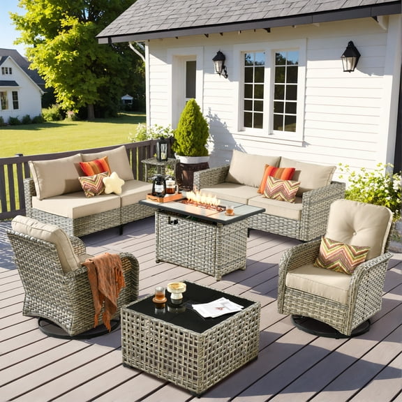 Vcatnet 9 Pieces Patio Furniture Sets with 42" Fire Pit Table, Outdoor Wicker Rattan Sectional Sofa, All Weather Conversation Set with Swivel Glider Chairs and Solar Powered Coffee Table, Beige