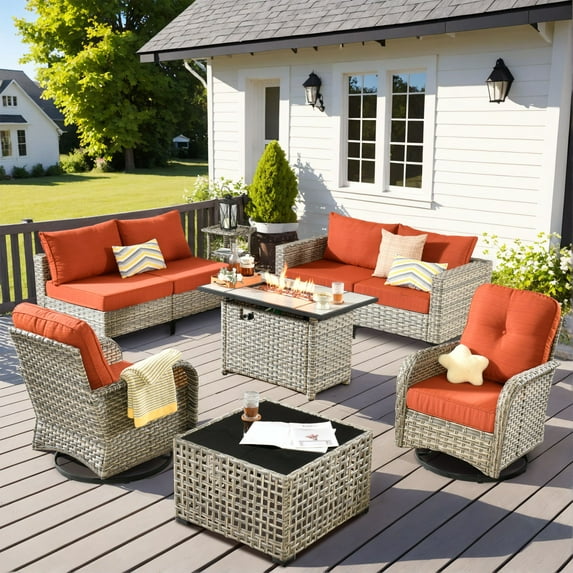 Vcatnet 9 Pieces Patio Furniture Sets with 42" Fire Pit Table, Outdoor Wicker Rattan Sectional Sofa, All Weather Conversation Set with Swivel Glider Chairs and Solar Powered Coffee Table, Orange Red