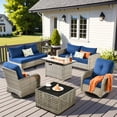 thumbnail image 1 of Vcatnet 9 Pieces Patio Furniture Sets with 42" Fire Pit Table, Outdoor Wicker Rattan Sectional Sofa, All Weather Conversation Set with Swivel Glider Chairs and Solar Powered Coffee Table, Navy Blue, 1 of 9