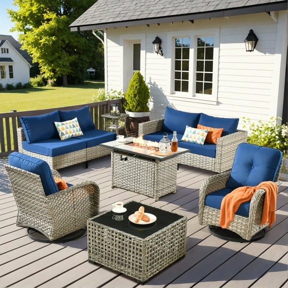 Vcatnet 9 Pieces Patio Furniture Sets with 42" Fire Pit Table, Outdoor Wicker Rattan Sectional Sofa, All Weather Conversation Set with Swivel Glider Chairs and Solar Powered Coffee Table, Navy Blue
