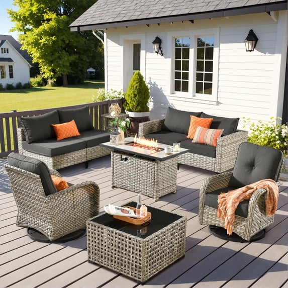 Vcatnet 9 Pieces Patio Furniture Sets with 42" Fire Pit Table, Outdoor Wicker Rattan Sectional Sofa, All Weather Conversation Set with Swivel Glider Chairs and Solar Powered Coffee Table, Black