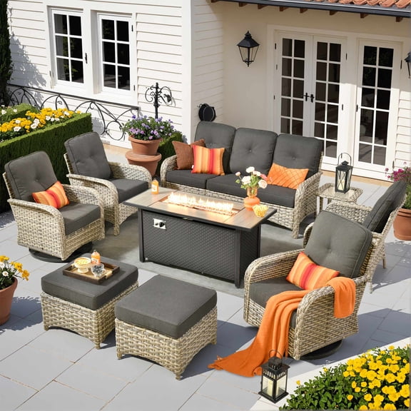 Vcatnet 9 Pieces Patio Outdoor Conversation Set with Fire Pit High Back Rattan Wicker Furniture Outdoor Sectionals with Swivel Rocking Chairs for Porch, Backyard, Black