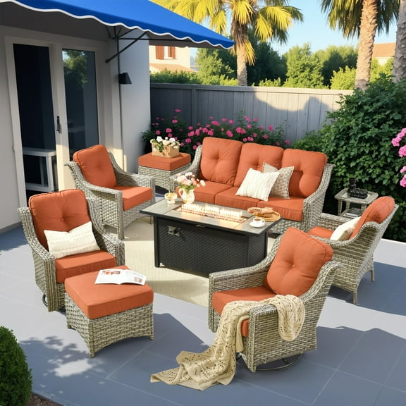 Vcatnet 9 Pieces Patio Outdoor Conversation Set with Fire Pit Table All Weather Wicker High Back Furniture Swivel Rocking Chairs Sectional for Porch, Backyard, Coarse Orange Red