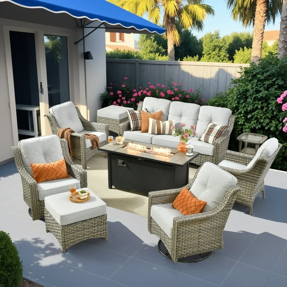 Vcatnet 9 Pieces Patio Outdoor Conversation Set with Fire Pit Table All Weather Wicker High Back Furniture Swivel Rocking Chairs Sectional for Porch, Backyard, Gray