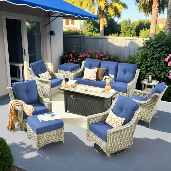 Vcatnet 9 Pieces Patio Outdoor Conversation Set with Fire Pit Table All Weather Wicker High Back Furniture Swivel Rocking Chairs Sectional for Porch, Backyard, Navy