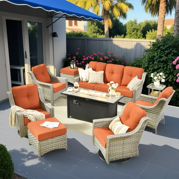 Vcatnet 9 Pieces Patio Outdoor Conversation Set with Fire Pit Table All Weather Wicker High Back Furniture Swivel Rocking Chairs Sectional for Porch, Backyard, Orange Red