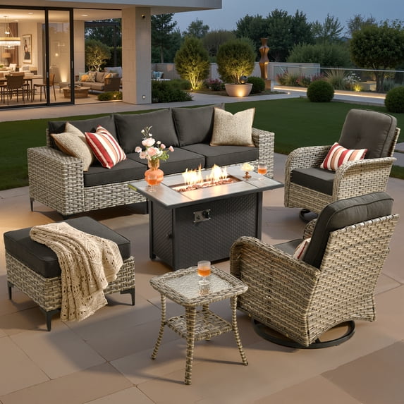 Vcatnet 8 Pieces Patio Furniture Sets with Fire Pit Wicker Outdoor Conversation Sectional Sofa with Swivel Rocking Chairs and Side Table, Black