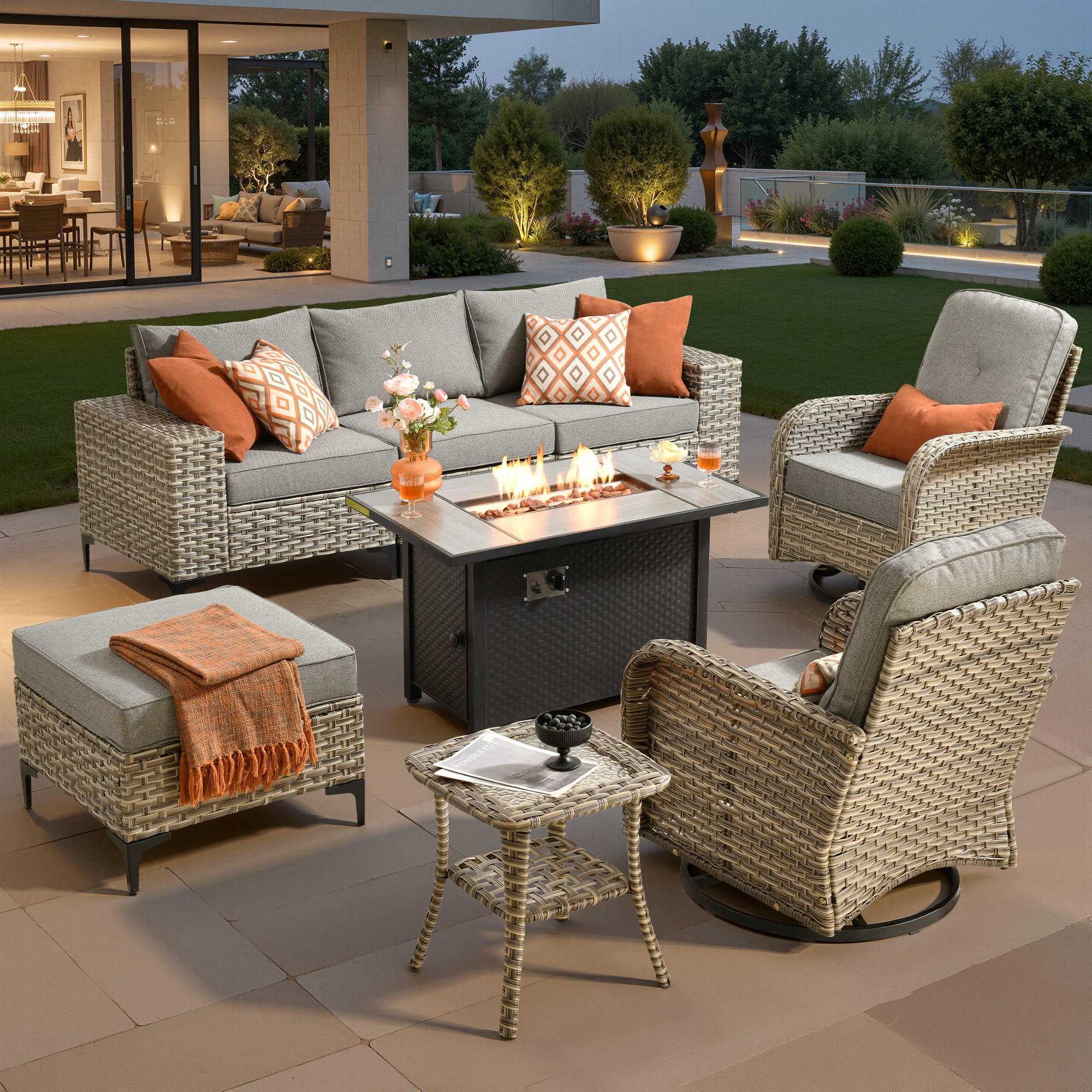 Vcatnet 8 Pieces Patio Furniture Sets with Fire Pit Wicker Outdoor Conversation Sectional Sofa with Swivel Rocking Chairs and Side Table, Dark Gray