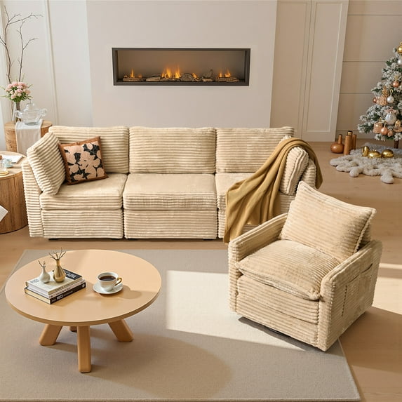 Vcatnet 98" Modular Sectional Sofa Couch Corduroy Cloud Couch Oversized Modern Minimalist Couch with Swivel Accent Chair for Living Room, 4 Seat, Beige