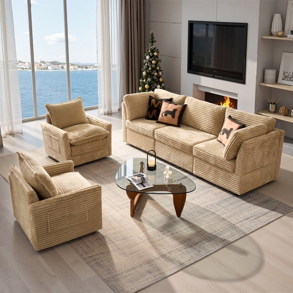Vcatnet 98" Modular Sectional Sofa Couch Corduroy Cloud Couch Oversized Modern Minimalist Couch with Swivel Accent Chairs for Living Room, 5 Seat, Beige