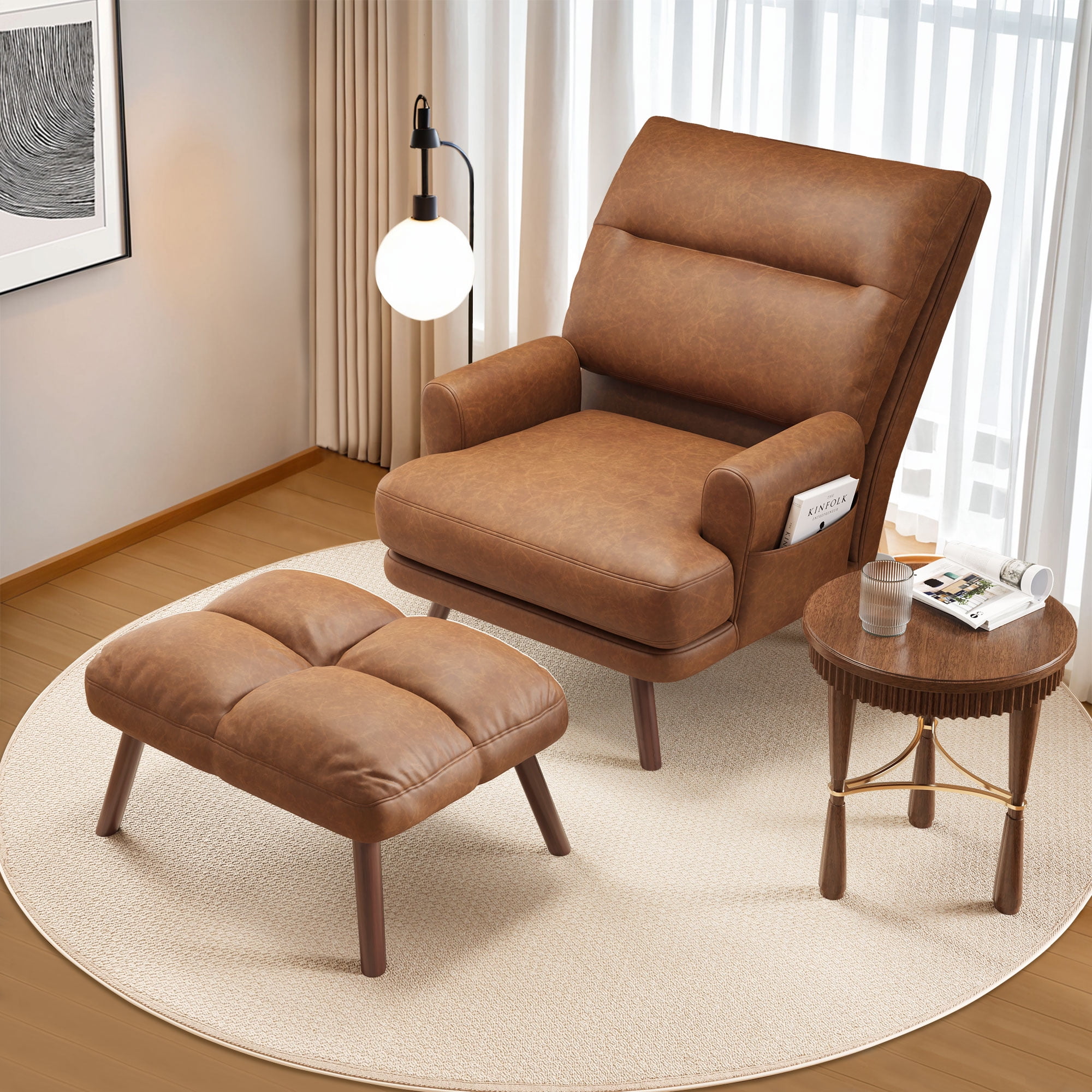 Vcatnet Accent Chair with Ottoman, Faux Leather Armchair with