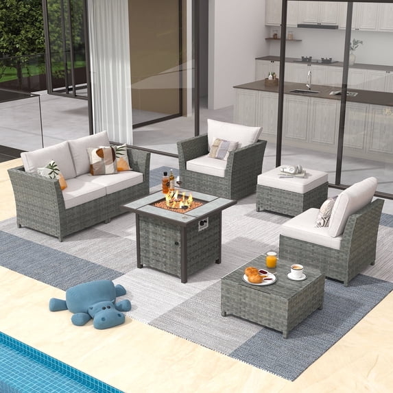 Vcatnet 7 Pieces Outdoor Patio Furniture Sectional Sofa All-weather Conversation Set with Fire Pit Table and Coffee Table for Porch, Backyard, Beige