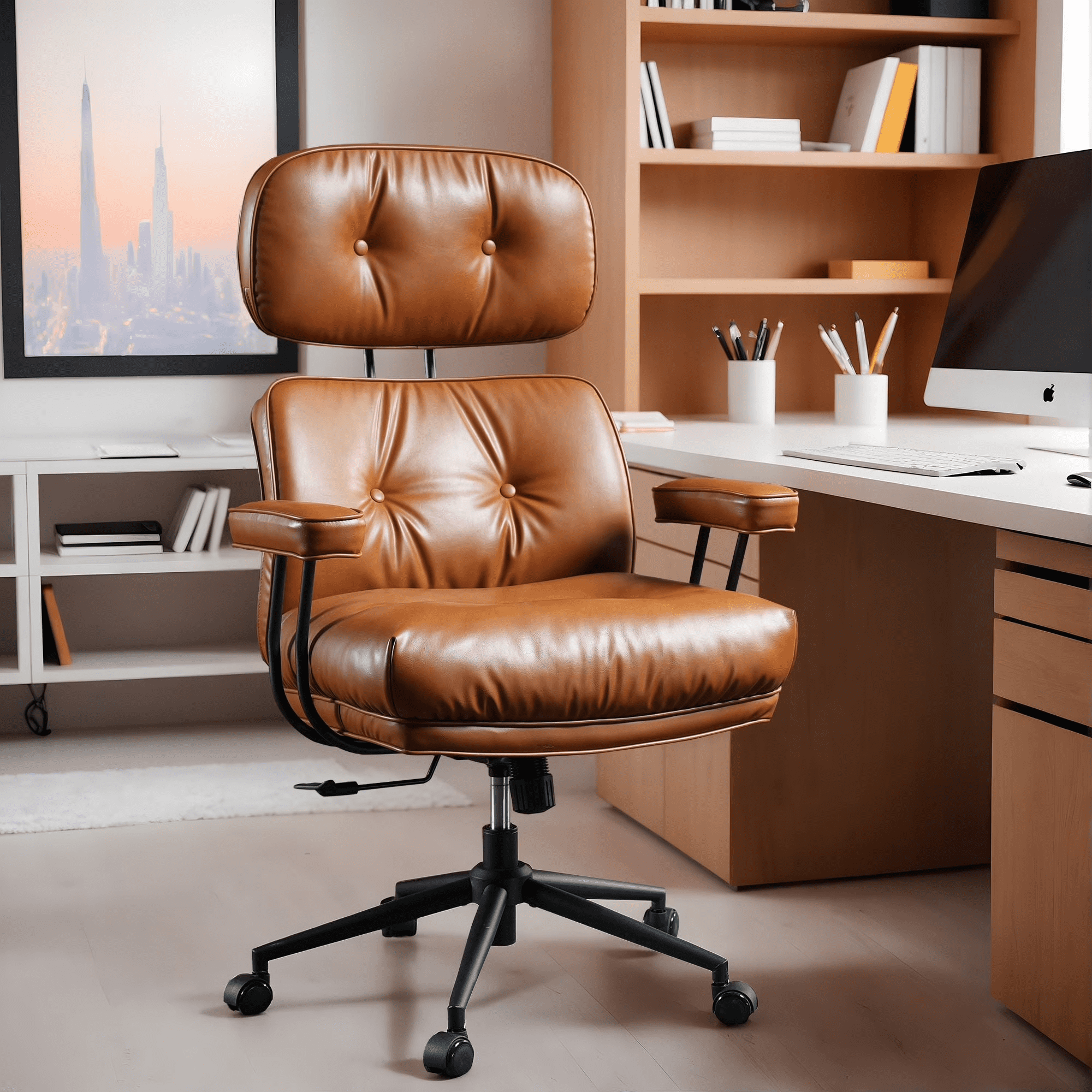 Vcatnet Ergonomic Executive Office Chair, High Back Computer Chair with Lumbar Support, PU Leather Mid-Century Modern Adjustable Home Office Desk Chair, Brown