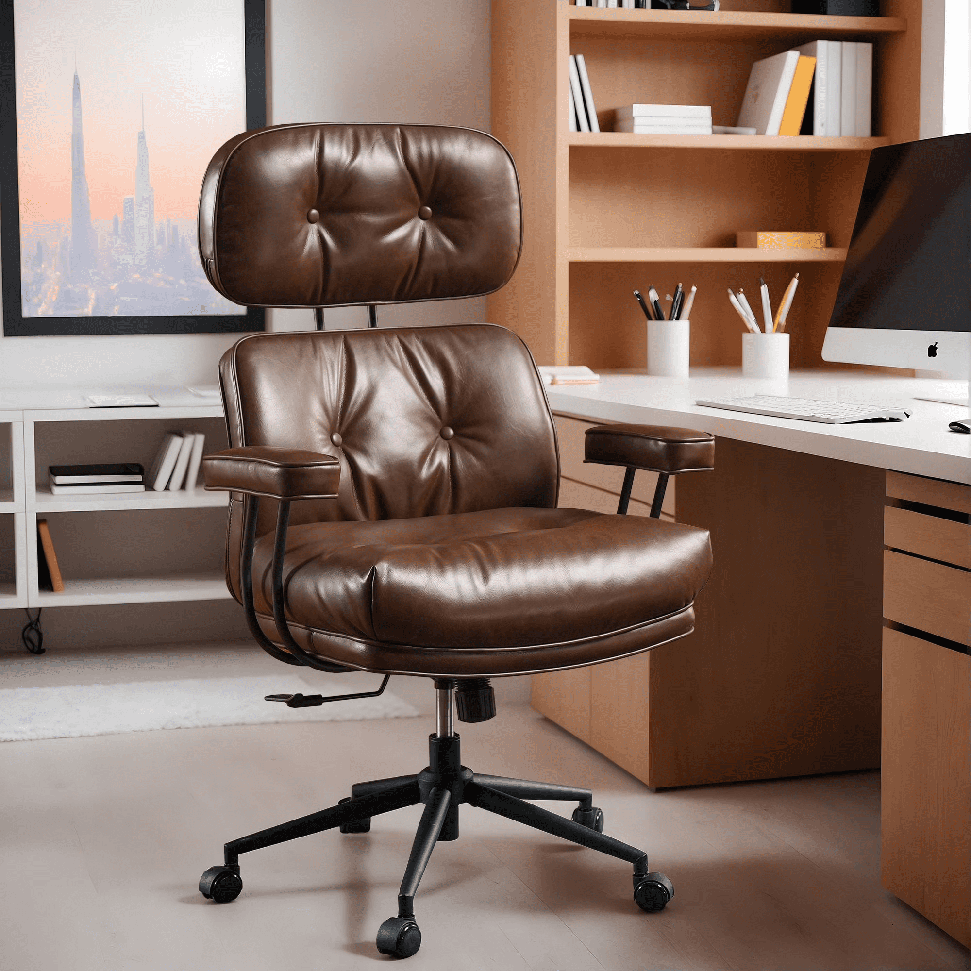 Vcatnet Ergonomic Executive Office Chair, High Back Computer Chair with Lumbar Support, PU Leather Mid-Century Modern Adjustable Home Office Desk Chair, Dark Brown