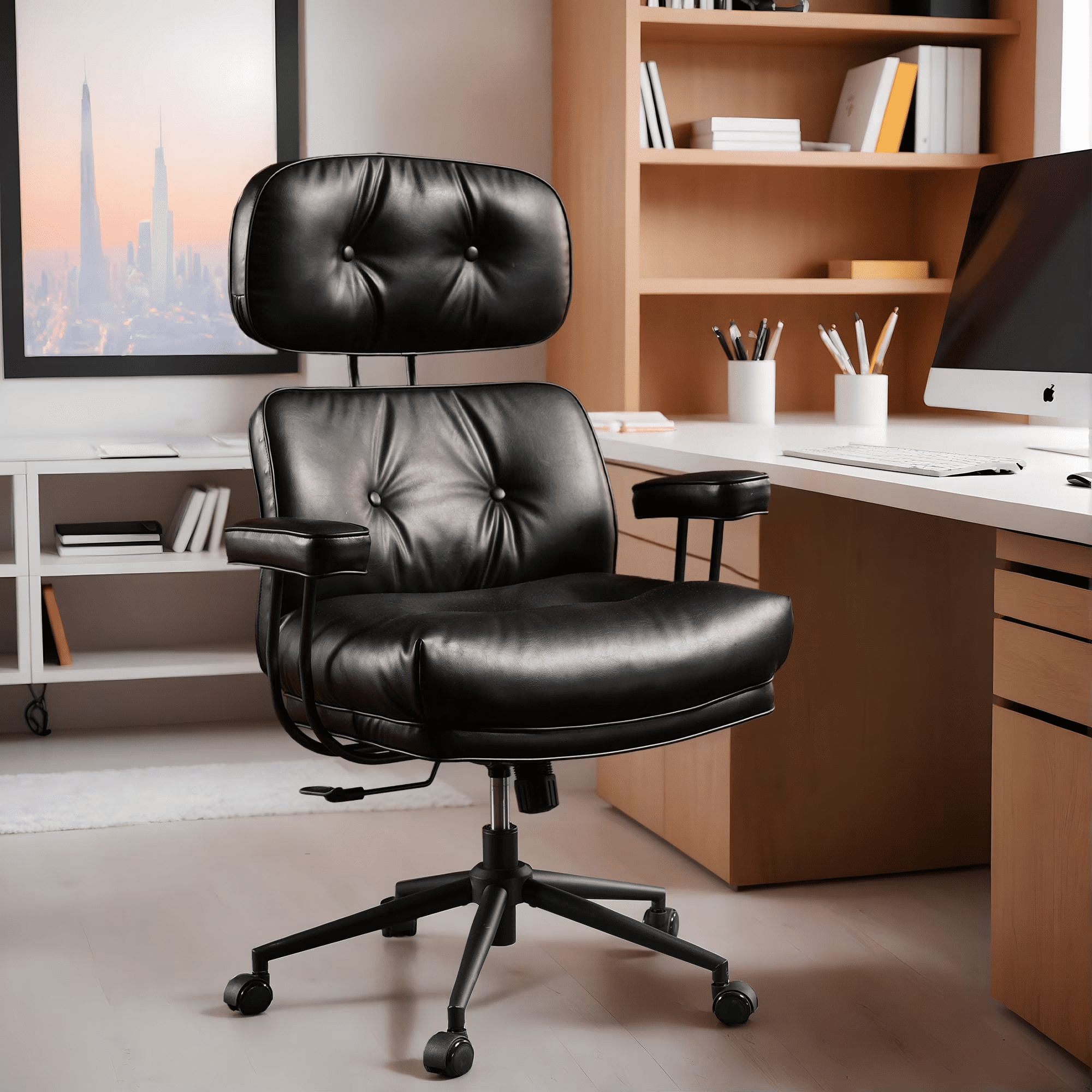 Vcatnet Ergonomic Executive Office Chair, High Back Computer Chair with Lumbar Support, PU Leather Mid-Century Modern Adjustable Home Office Desk Chair, Black