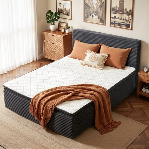 Vcatnet 16.7" Full Size Bed Frame with Mattress, 2-in-1 Corduroy Platform Cloud Bed, No Assembly Bed and Mattress, Gray
