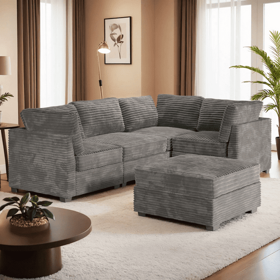 Vcatnet 98" Modular Sectional Sofa Couch Corduroy L Shaped Oversized Modern Minimalist Cloud Couch with Deep Seat and Ottoman for Living Room, 4 Seat, Gray