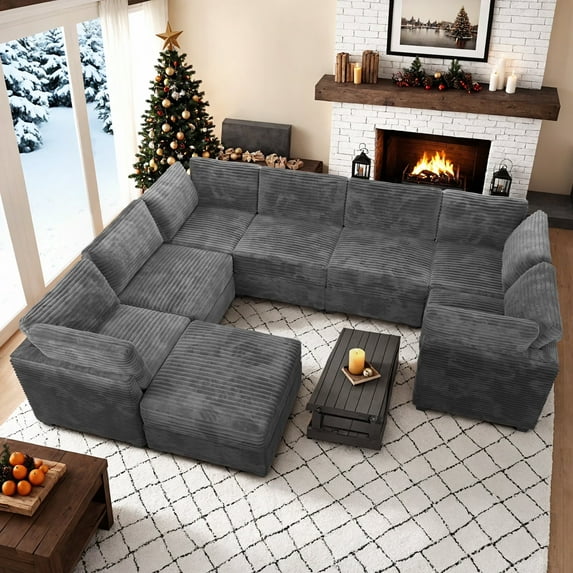 Vcatnet 130.7" Modular Sectional Sofa Couch Corduroy L Shaped Oversized Modern Minimalist Couch with Deep Seat and Ottoman for Living Room, 7 Seat, Gray